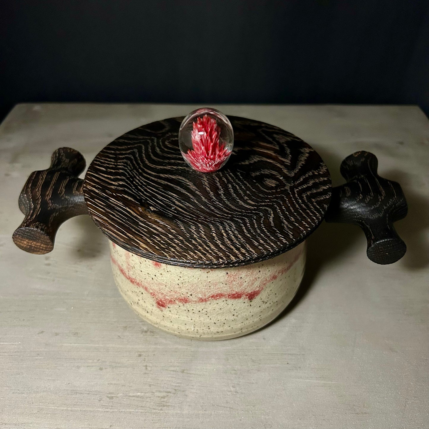 Ceramic Jar - Charred Oak Lid with Blown Glass