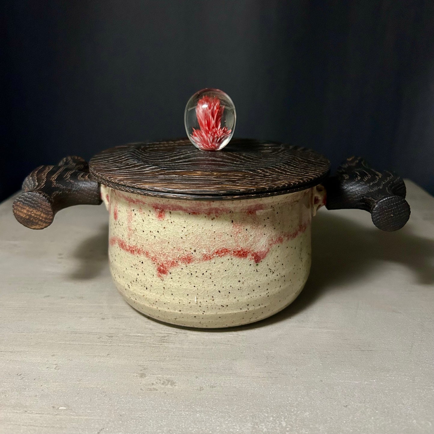 Ceramic Jar - Charred Oak Lid with Blown Glass