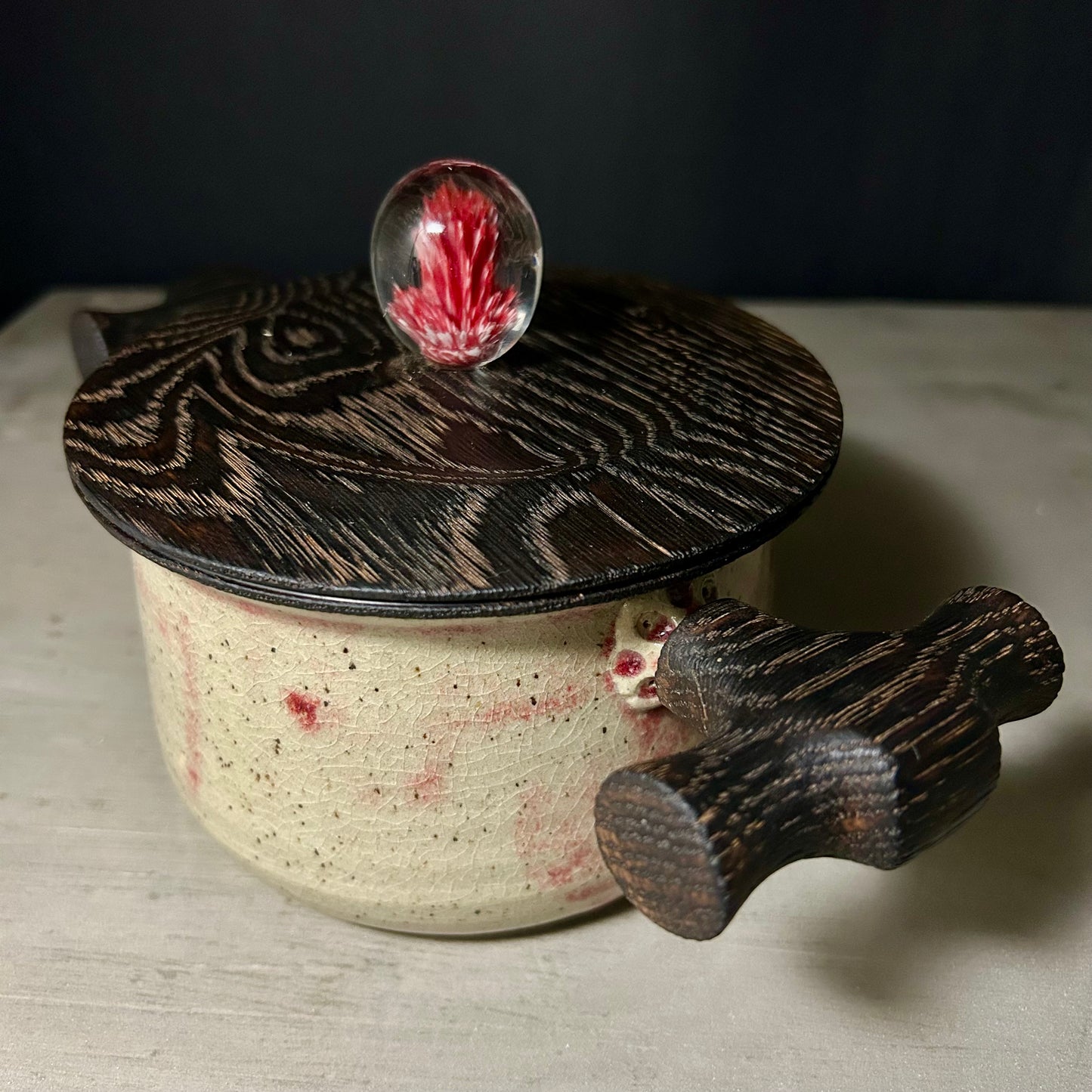 Ceramic Jar - Charred Oak Lid with Blown Glass
